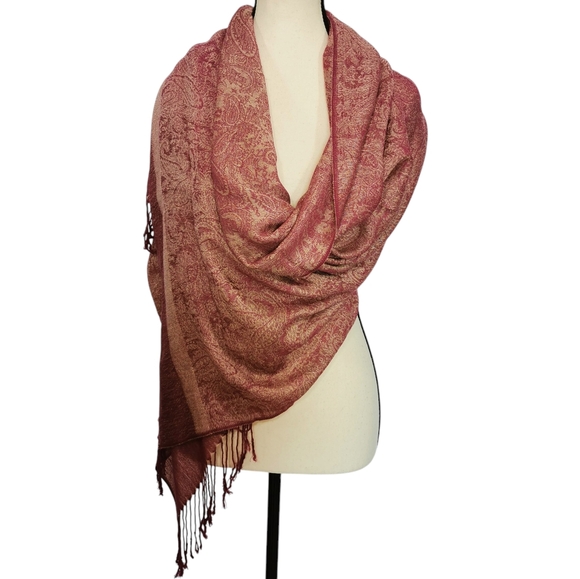 pashmina Accessories - Pashmina Magenta Over Cream Pashmina With Silk Fringed Scarf